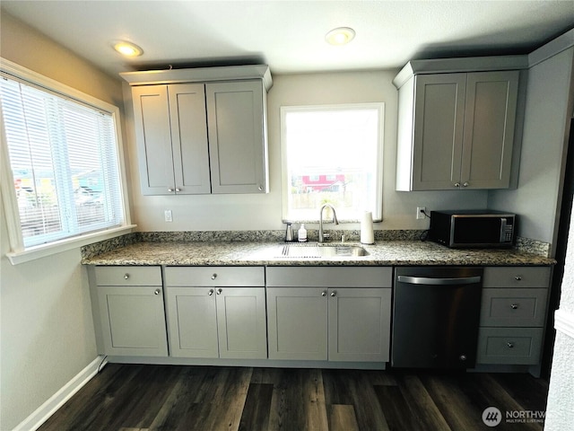 19573 2nd Ave NE, Poulsbo, WA 98366 - kitchen featuring dishwasher, a sink, gray cabinetry, dark wood finished floors, and recessed lighting