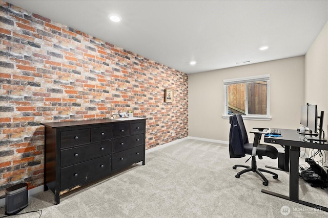 office area featuring baseboards, visible vents, recessed lighting, and light colored carpet