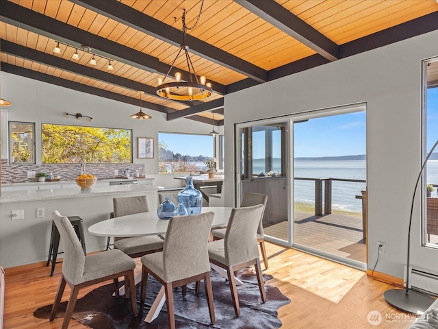 2690 SW 151st Pl, Burien, WA 98166 - dining room with beam ceiling, wood ceiling, a water view, light wood finished floors, and a notable chandelier