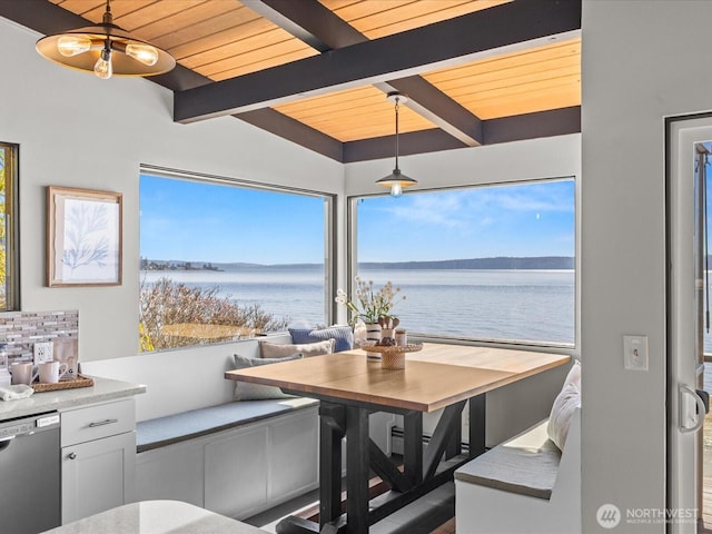 2690 SW 151st Pl, Burien, WA 98166 - dining space with a water view, beamed ceiling, wood ceiling, and breakfast area