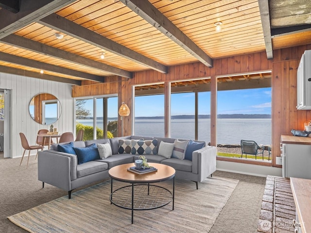 2690 SW 151st Pl, Burien, WA 98166 - living room featuring carpet flooring, a water view, beamed ceiling, and wooden ceiling