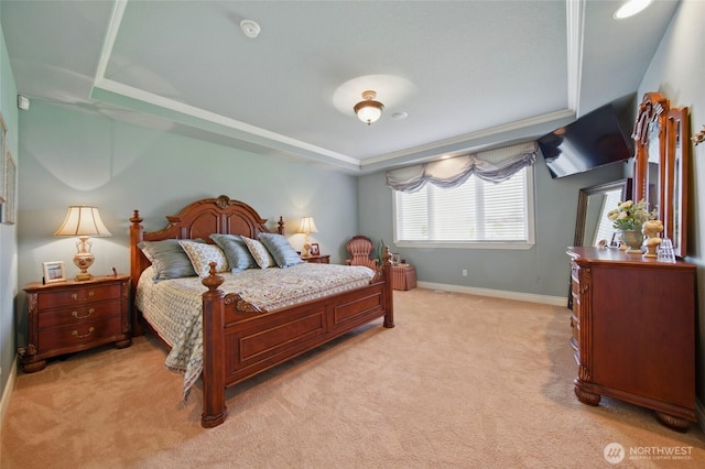 2961 Kendall Rd, Walla Walla, WA 99362 - bedroom featuring light colored carpet, a tray ceiling, and baseboards