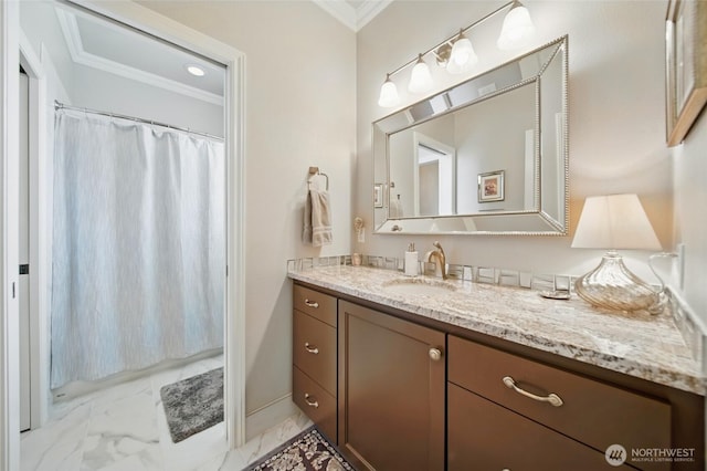 2961 Kendall Rd, Walla Walla, WA 99362 - bathroom with ornamental molding, marble look tile flooring, vanity, and curtained shower