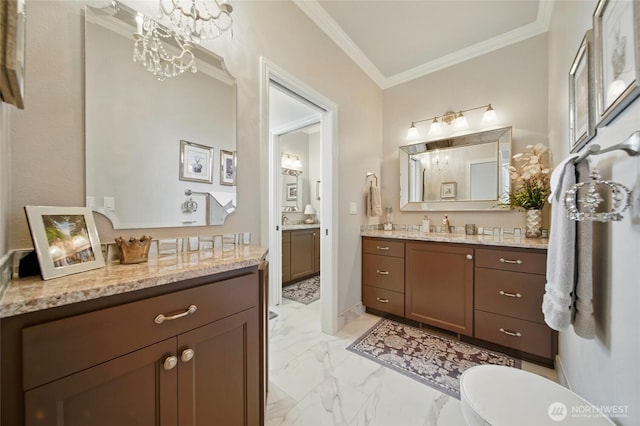 2961 Kendall Rd, Walla Walla, WA 99362 - full bath with ornamental molding, two vanities, marble finish floors, and toilet