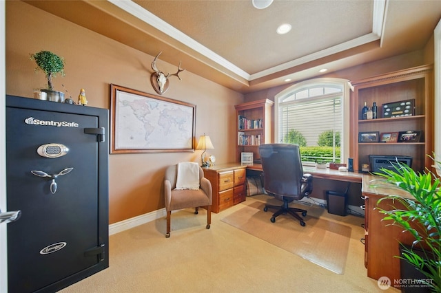 2961 Kendall Rd, Walla Walla, WA 99362 - office space with light carpet, a raised ceiling, recessed lighting, crown molding, and baseboards