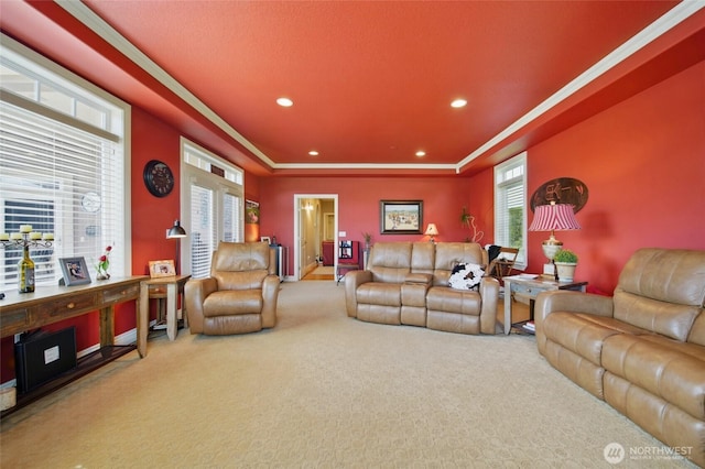 2961 Kendall Rd, Walla Walla, WA 99362 - living room with carpet floors, a raised ceiling, recessed lighting, and ornamental molding