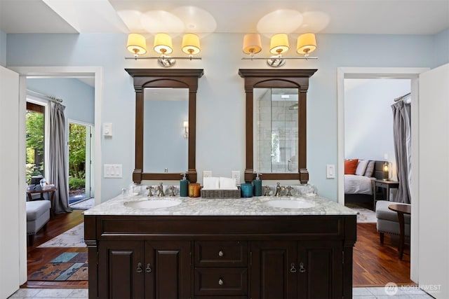 2141 Northshore Rd, Bellingham, WA 98226 - bathroom with double vanity, a sink, ensuite bath, and wood finished floors