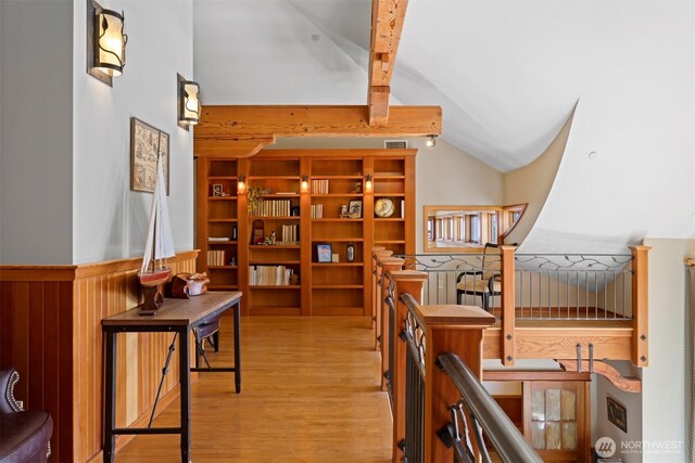 2141 Northshore Rd, Bellingham, WA 98226 - corridor featuring vaulted ceiling with beams, wainscoting, and wood finished floors