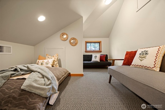 2141 Northshore Rd, Bellingham, WA 98226 - bedroom with visible vents, carpet flooring, baseboards, and vaulted ceiling