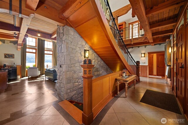 2141 Northshore Rd, Bellingham, WA 98226 - interior space featuring wood ceiling, wainscoting, stairs, and beam ceiling