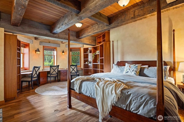2141 Northshore Rd, Bellingham, WA 98226 - bedroom featuring hardwood / wood-style floors, wooden ceiling, and beamed ceiling