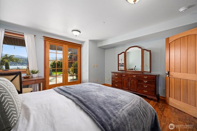 2141 Northshore Rd, Bellingham, WA 98226 - bedroom with baseboards, french doors, dark wood-style floors, and access to exterior
