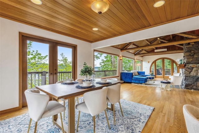 dining area featuring light wood-style floors, wood ceiling, plenty of natural light, and french doors