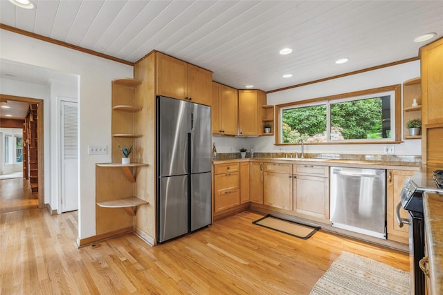kitchen featuring recessed lighting, open shelves, a sink, and appliances with stainless steel finishes