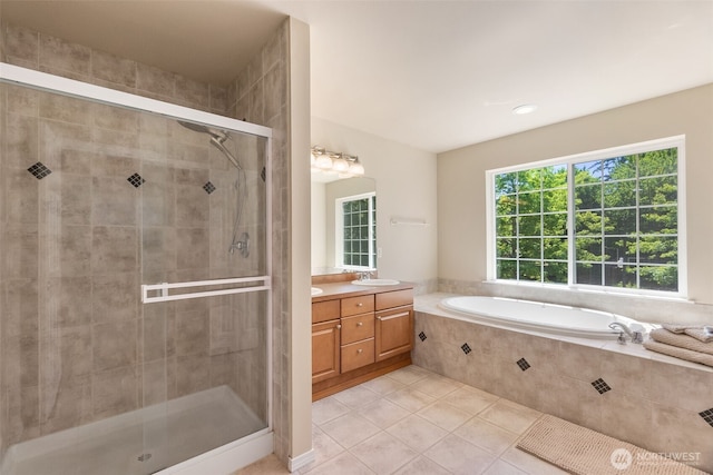 4504 5th Ave NW, Olympia, WA 98502 - full bathroom with vanity, tile patterned flooring, a shower stall, and a bath