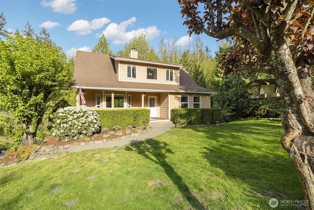 8957 Watson Pl NE, Bremerton, WA 98311 - view of front facade with covered porch, a front lawn, and a chimney