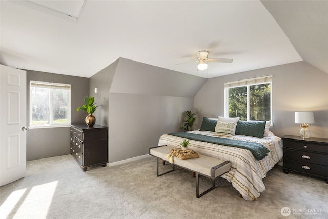 8957 Watson Pl NE, Bremerton, WA 98311 - bedroom with light colored carpet, lofted ceiling, and ceiling fan