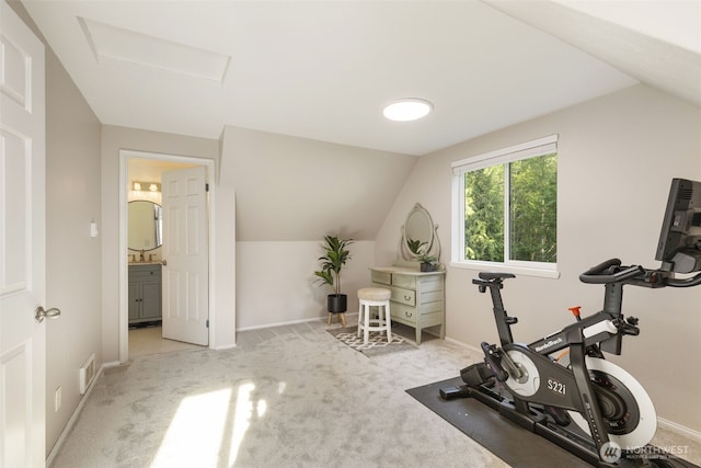 8957 Watson Pl NE, Bremerton, WA 98311 - exercise room featuring baseboards, visible vents, light colored carpet, and vaulted ceiling