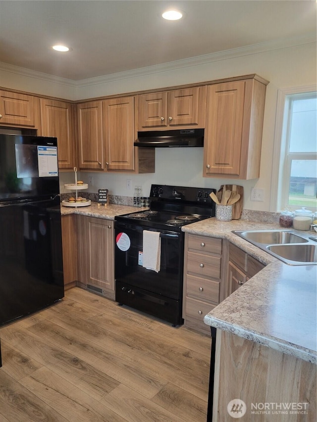 kitchen with crown molding, a sink, under cabinet range hood, and black appliances