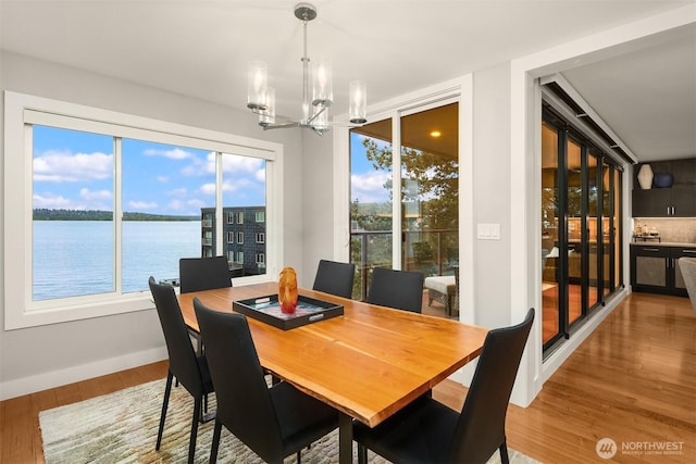 807 Lake St S Unit 300, Kirkland, WA 98033 - dining area with an inviting chandelier, a water view, and wood finished floors
