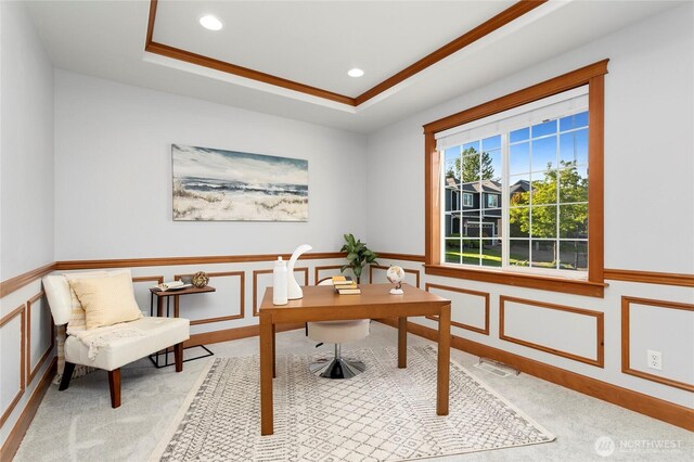 office space featuring carpet flooring, recessed lighting, a wainscoted wall, a decorative wall, and ornamental molding