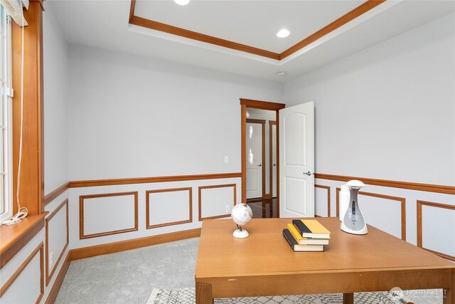 home office with wainscoting, carpet, crown molding, recessed lighting, and a decorative wall
