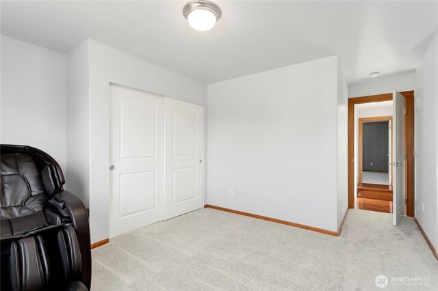 bedroom featuring carpet floors, a closet, and baseboards