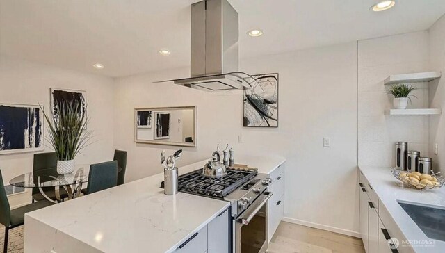 kitchen with open shelves, island exhaust hood, high end stove, a sink, and light wood finished floors