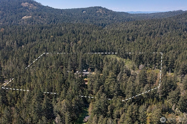 bird's eye view featuring a view of trees and a mountain view