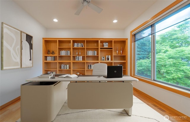 6714 89th Street Ct E, Puyallup, WA 98371 - office area featuring a ceiling fan, recessed lighting, baseboards, and light wood-style floors