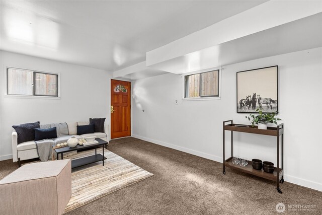 carpeted living area with baseboards