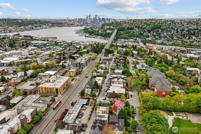 bird's eye view with a water view and a city view
