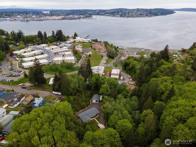 drone / aerial view with a water view and a forest view