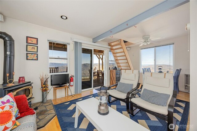 living area featuring ceiling fan, wood finished floors, and a wood stove