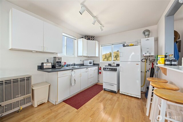 kitchen featuring a sink, tankless water heater, light wood finished floors, radiator, and white appliances