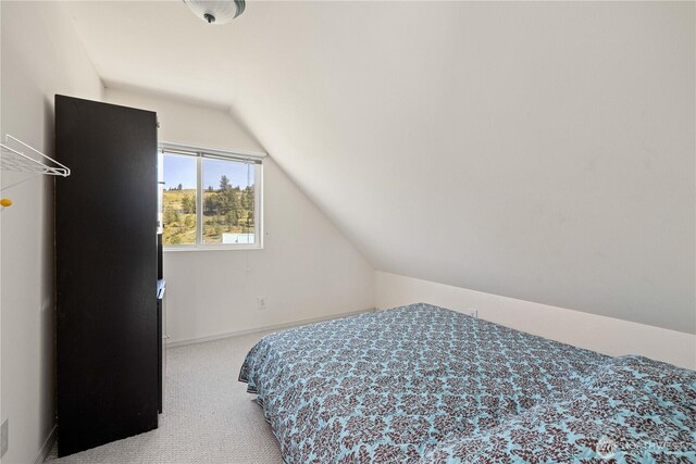 carpeted bedroom with baseboards and lofted ceiling