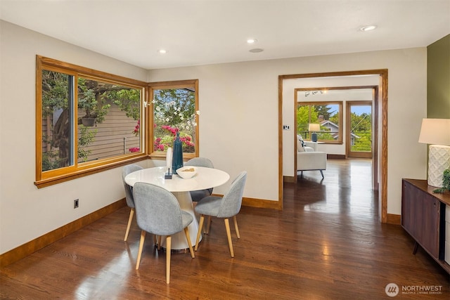 dining room featuring baseboards, dark wood-type flooring, and recessed lighting
