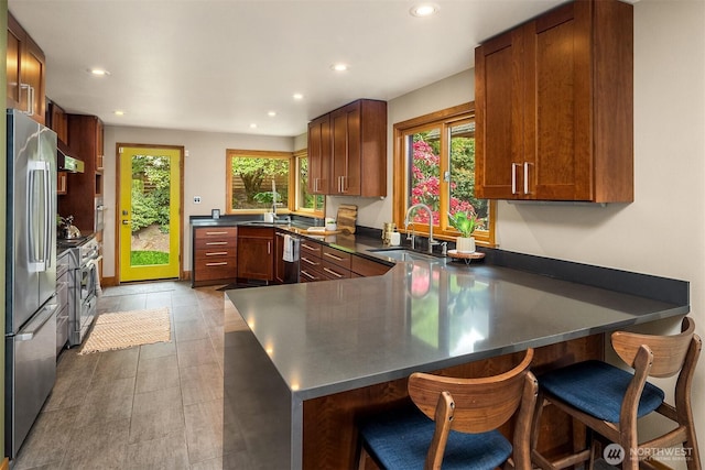 kitchen featuring appliances with stainless steel finishes, a peninsula, a sink, plenty of natural light, and recessed lighting