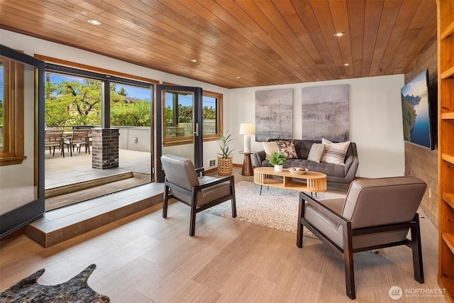 living area with wooden ceiling, recessed lighting, and wood finished floors
