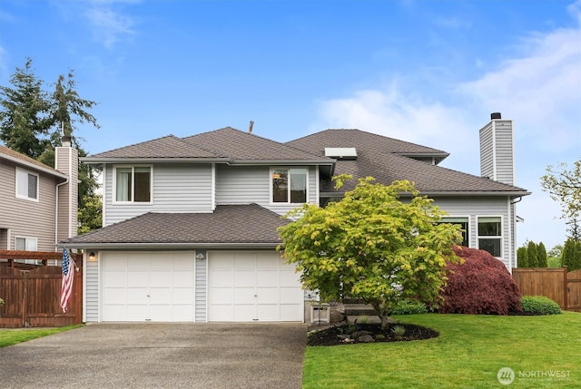 view of front facade featuring driveway, a chimney, a front yard, fence, and an attached garage