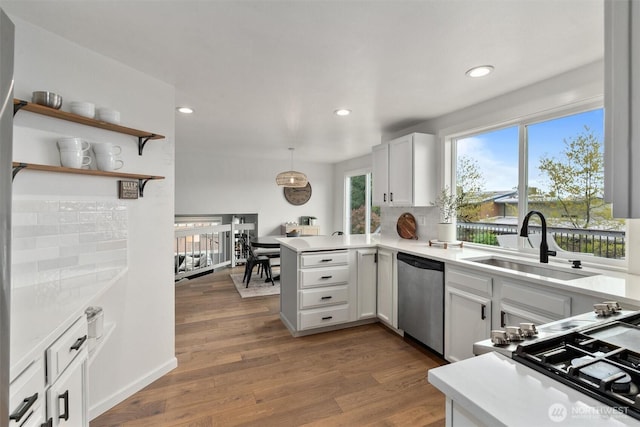 kitchen featuring a sink, stainless steel appliances, a peninsula, and wood finished floors