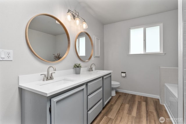 bathroom with baseboards, a sink, wood finished floors, and a tub to relax in
