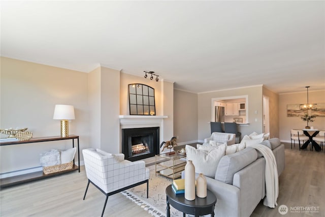 living room featuring baseboards, ornamental molding, wood finished floors, and a fireplace