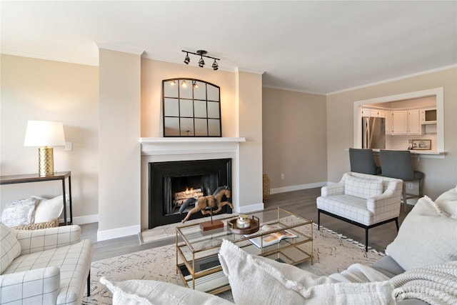 living area featuring light wood-style floors, baseboards, ornamental molding, and a fireplace with flush hearth