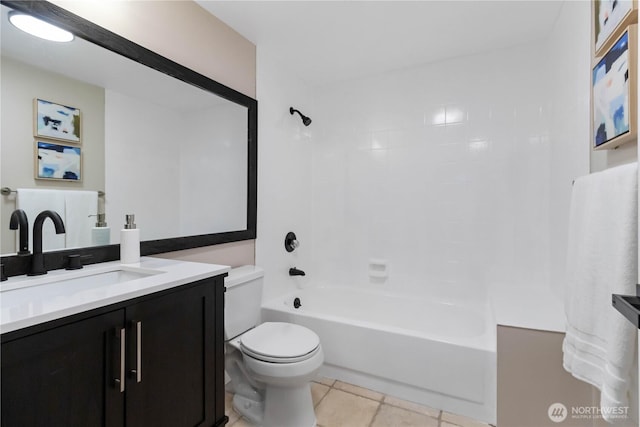 bathroom with tile patterned flooring, shower / washtub combination, toilet, and vanity