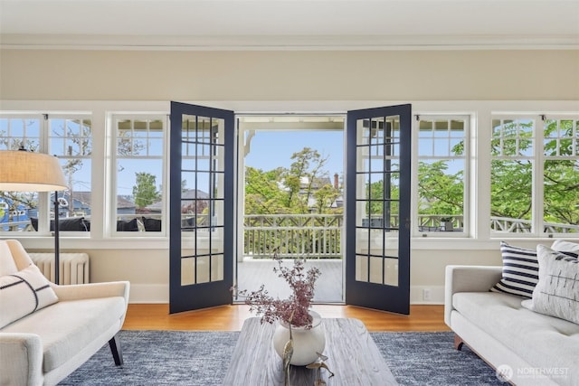 1238 E Newton St, Seattle, WA 98102 - doorway featuring crown molding, healthy amount of natural light, french doors, radiator, and wood finished floors
