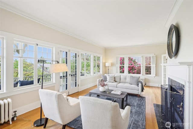 1238 E Newton St, Seattle, WA 98102 - living area featuring radiator, crown molding, wood finished floors, a fireplace with flush hearth, and baseboards
