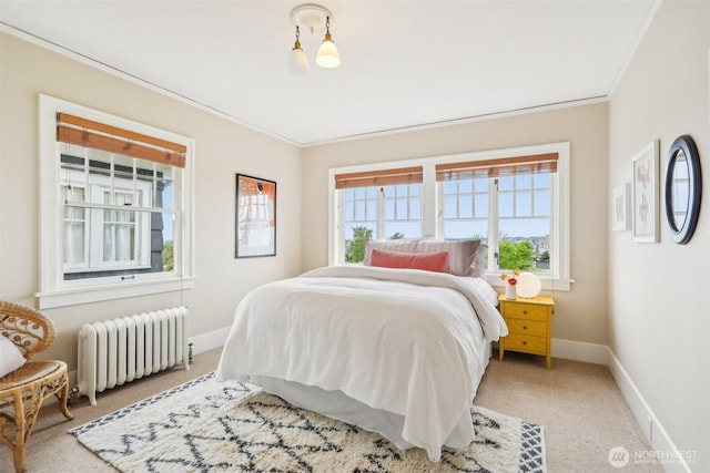 1238 E Newton St, Seattle, WA 98102 - bedroom featuring radiator heating unit, baseboards, light carpet, and crown molding