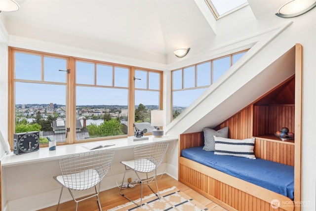 1238 E Newton St, Seattle, WA 98102 - bedroom with a skylight, multiple windows, wood finished floors, vaulted ceiling, and an office area