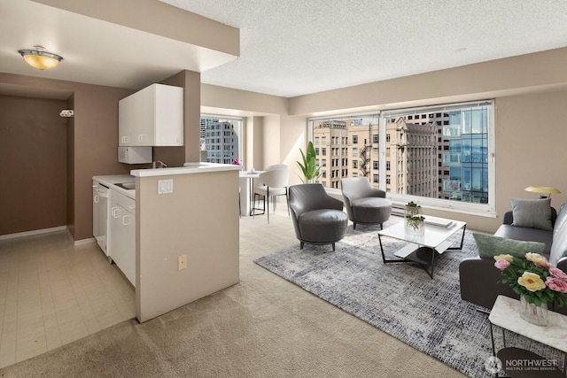 living area with light colored carpet, a textured ceiling, and plenty of natural light